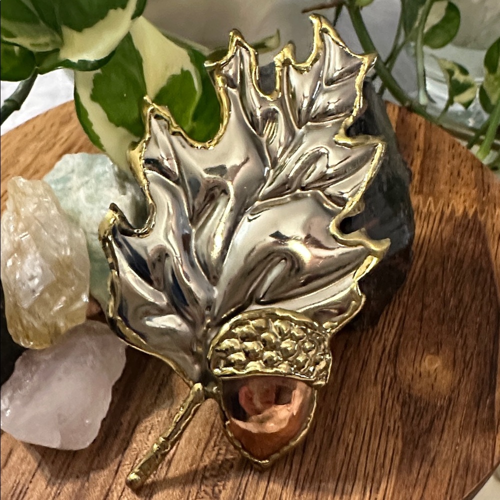 Oak-leaf Acorn Pin Brooch Pendent Brutalist Handcrafted Mixed Metals Oversized